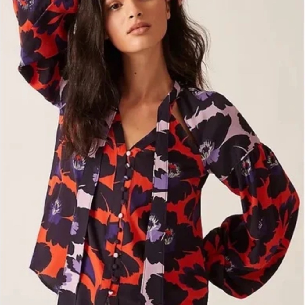 Maeve Silk Necktie Floral Blouse, Button Front With Balloon Sleeves